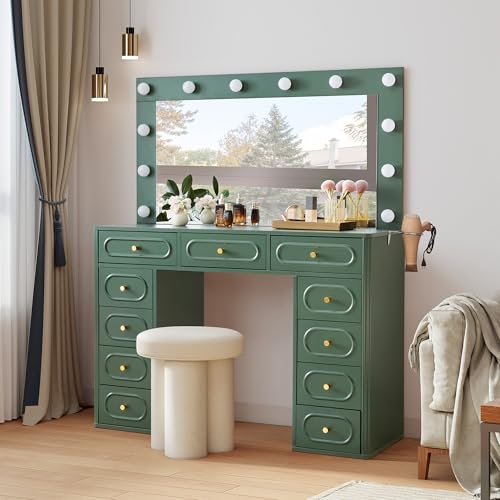 Fluted Vanity Desk with Mirror and Lights, Power Outlets, Modern Wood Vanity Desk Makeup Table with 11 Drawers, 3 Color Modes Dressing Table with Storage for Bedroom, Living Room, Green - style: Green