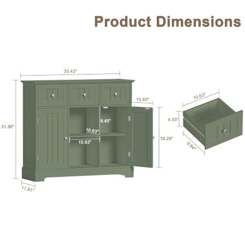 ChooChoo 35.4" Coffee Bar Cabinet with 3 Drawers and 2 Doors, Green | Buffet Cabinet with Adjustable Shelves, Storage Cabinet for Compact Kitchens, Dining rooms and Living rooms - color: Green