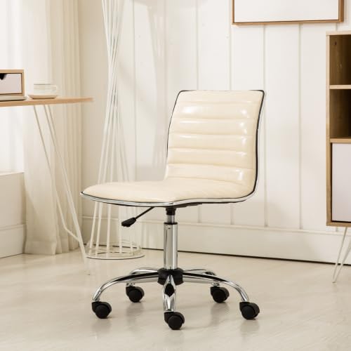 Small Armless Swivel Vanity Office Desk Chair with Wheels for Bedroom Study | Adjustable Task Chairs with Faux Leather Fabric & Padded Seat, Modern Adjustable Height Work Chairs for Home Office, Beige - color: Beige