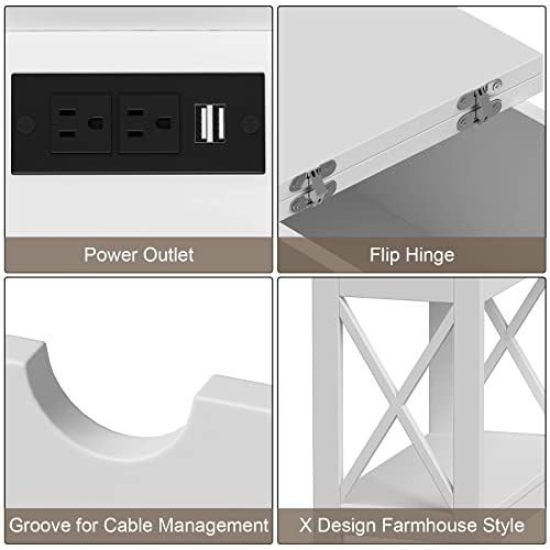 ChooChoo End Tables Living Room Set of 2, Side Table with Charging Station | Narrow Flip Top Side Table, Nightstand Sofa Table for Living Room, Bedroom, White - color: White