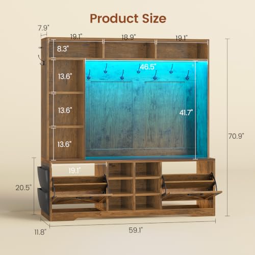 Itaar Hall Tree with Bench and Shoe Storage, 59.1" Farmhouse Entryway Bench with Coat Rack, Shoe Cabinet with Flip Drawers, 12 Shelves, 9 Coat Hooks, Storage Bag, Led Lights, Rustic Brown - color: Rustic Brown, size: 11.8"D x 59.1"W x 70.9"H