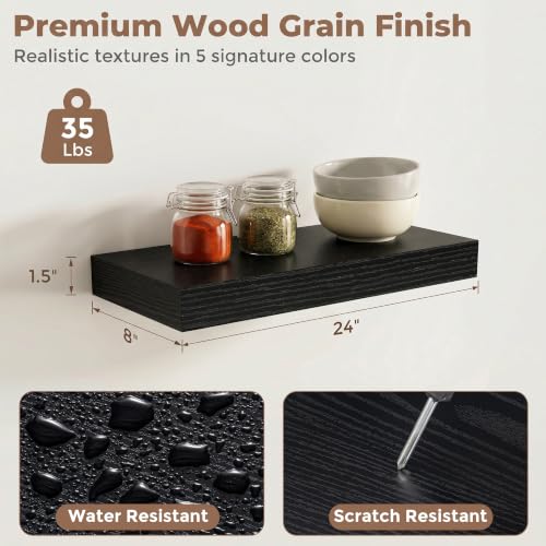 8 inch Deep Floating Shelves for Wall, 24" Wide, Black Finish, 2-Pack | Engineered Wood Wall Shelves with Invisible Brackets for Living Room, Bedroom, Bathroom, Office & Kitchen Storage - color: Black Finish, size: 24"W x 8"D, 2p