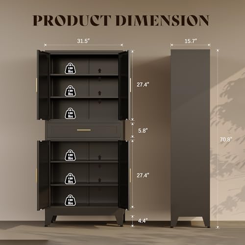 71" H Metal Kitchen Pantry Cabinet with Drawers,Black Kitchen Storage Cabinets with Doors,Tall Pantry Food Storage Cabinets,Large Freestanding Cabinets for Dining Room, Living Room - color: Black, size: 71"H-1Drawer-4Doors