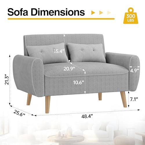 47'' Small Loveseat Sofa, 2 Seat Compact Couch with Tapered Legs, Light Grey Upholstered Furniture, Solid Wood Frame, Comfy Foam Cushion, Easy Assembly for Small Spaces - color: Light Grey