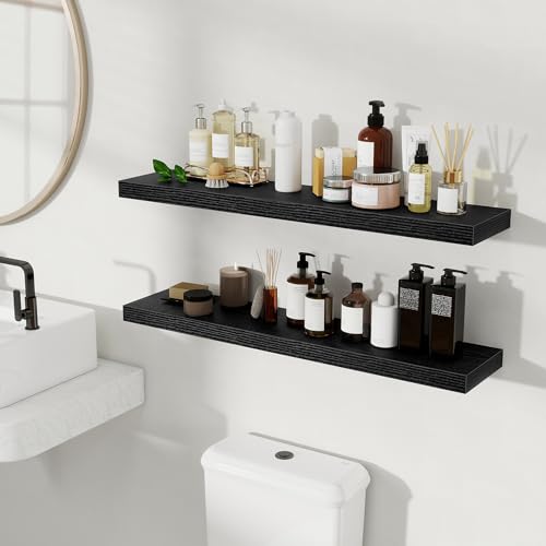Fun Memories Floating Shelves for Wall, 36 Inch Long Set of 2 Rustic Wood Wall Shelves with Invisible Brackets, Heavy Duty Storage Display for Living Room Bedroom Kitchen, Black - color: Black, size: 36"W x 6.5"D, Set of 2
