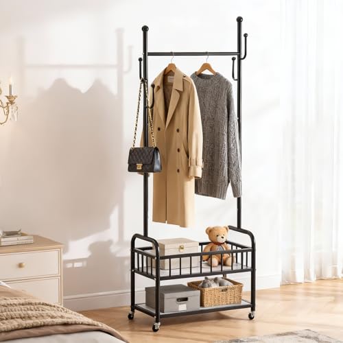 Free Standing Rolling Clothes Rack with Wheels Shoe Storage - Black | Small Narrow Cloth Hanger Garment Rack for Bedroom Livingroom Lab Dress Shirt Rack with Metal Basket and Shoe Storage Shelves - color: Black-2 Tier