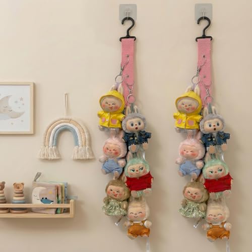 Plush Doll Hanging Storage Rope Display Rack with 8 Clips – Wall Hanging Organizer for Keychain Plushies, Mini Toys– Holds up to 3kg (2 PCS Pink) - color: 2 PCS Pink