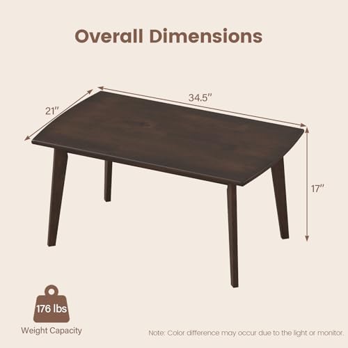 GOFLAME Solid Wood Coffee Table, 34.5" x 21" x 17" Mid-Century Modern Center Table with Storage, Curved Edges, Retro, Small Japanese Floor Table with Tapered Legs for Living Room, Apartment, Walnut