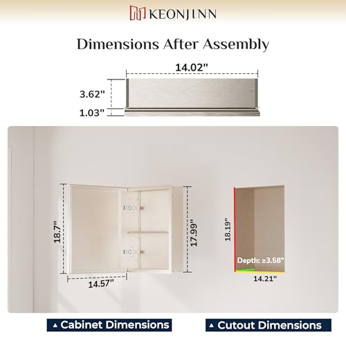 Keonjinn Small Medicine Cabinet with Mirror 14 x 18 Inch, Brushed Nickel | Assembly Needed, Adjustable Shelves, Wall-Mounted or Recessed Bathroom Mirror with Storage, Ideal for Compact Apartment - color: Brushed Nickel, size: 15x19 In