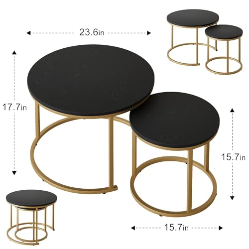 Nesting Coffee Table, 23.6" Round Coffee Table Set of 2, Wooden Nesting Table Set with Metal Frame, Side Tables for Living Room Bedroom Balcony, Black - color: Black
