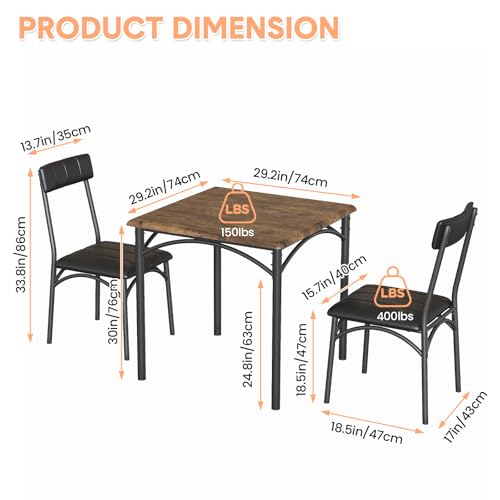 GarveeLife 3-Piece Dining Table Set for 2, Square Kitchen Table & Chairs | Upholstered, Space-Saving Square Kitchen Table Set, Compact Dining Room Furniture for Apartment, Studio - color: Brown