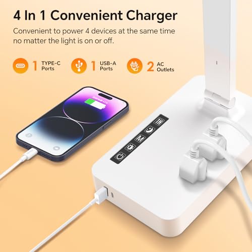 Desk Lamp with USB Charging Port: Table Lamp with Power Strip, Charging Station - 2 Outlets 1 USB-A Ports 1 Type-C Ports, Surge Protection, 5ft Extension Cord, 5 Color Modes 5 Brightness (White) - color: White2