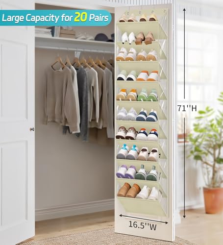 AOODA 10 Tier Clear Over the Door Shoe Organizer Storage, Deep Pockets Large Hanging Shoe Rack for Closet Door, Fit 20 Pairs Shoe Holder Hanger for Sneakers, Boots (Deep beige) - color: Deep beige, size: 71"