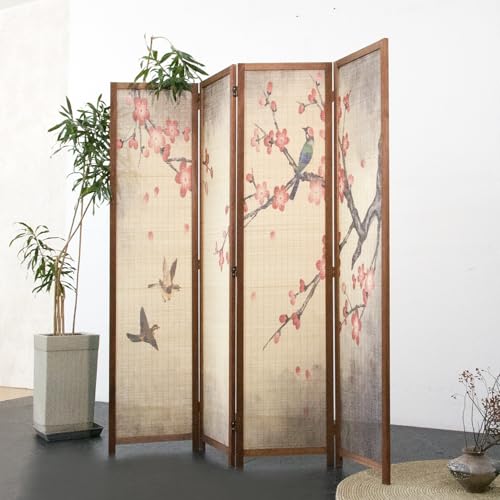 4 Panel Bamboo Room Divider for Room Separation, 5.6 ft Tall Double-Sided Folding Privacy Screen, Premium Thickened Wood Frame with Red Plum Artkwork for Home Office (67" H x 63" W) - color: Red Plum, size: 4 Panel