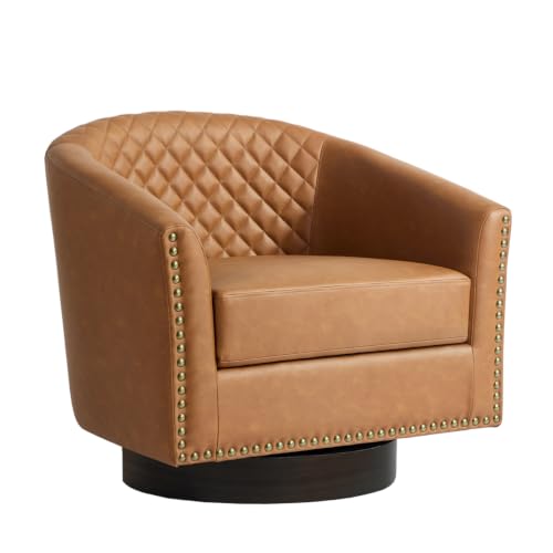 Faux Leather Swivel Accent Chair, Modern Barrel Club Armchair, Coffee | Comfy Living Room Chair, Modern Nailhead Trim Round Armchair Bedroom Reading Seat with Removable Cushion, Wood Frame - color: Retro Coffee