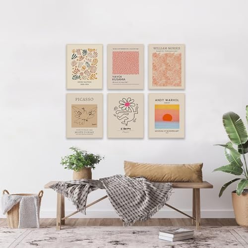 Matisse Wall Art Prints Set of 6, Abstract Matisse Wall Art Exhibition Posters Beige Yellow Picasso Flower Market Art Prints William Morris Poster, Boho Canvas Paintings Pictures for Aesthetic Room, - color: Beige Matisse Wall Prints, size: 8x10 inch