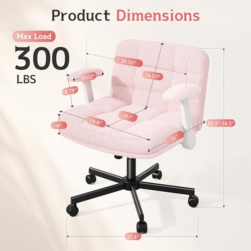DurayLoly Criss Cross Chair with Wheels and Flip-up Arms | 360° Swivel,Plush Teddy Fabric Cross Legged Chair, Adjustable Height for Bedroom, Home Office, Apartment,Vanity,Pink - color: Light Pink