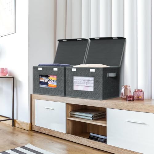 Univivi Fabric Foldable Storage Boxes with Lids, 4 Pack, Black | 17 x 12 x 12 In Large Storage Bins with lid & Carry Handles, Stackable Design Closet Storage Containers for Home Clothes - color: Black