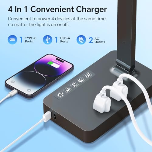 LED Desk Lamp with Power Strip: Table Lamp with Charging Station - 2 Outlets 1 USB-A Ports 1 Type-C Ports, Surge Protection, 5 Color Modes 5 Brightness for Home Office, College Dorm Room Essentials - color: Black1