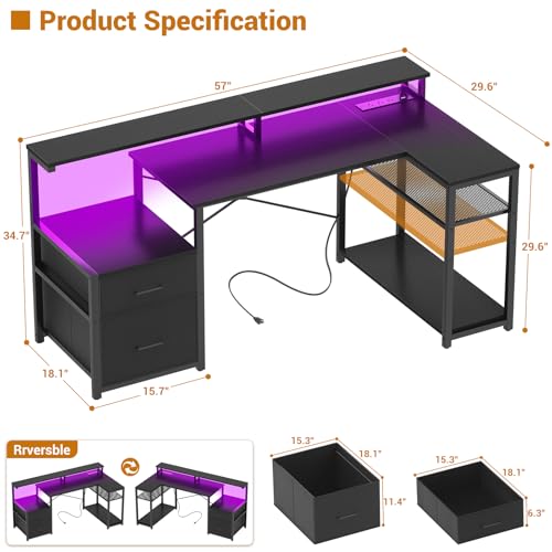 Aheaplus L Shaped Desk with File Drawer, Reversible L Shaped Computer Desk Gaming Desk with Power Outlet & LED Strip, Home Office Desk with Monitor Shelf, Corner Desk with Storage Shelves, Black - color: Black