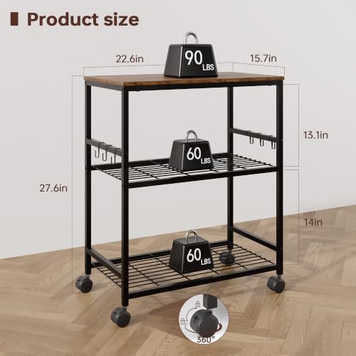 Kitchen Rolling Cart, 3-Tier Microwave Stand with Lockable Wheels, One-Piece Mobile Utility Cart for Kitchen, Coffee Bar, Office,Brown 22.6" x 15.7" x 27.6"