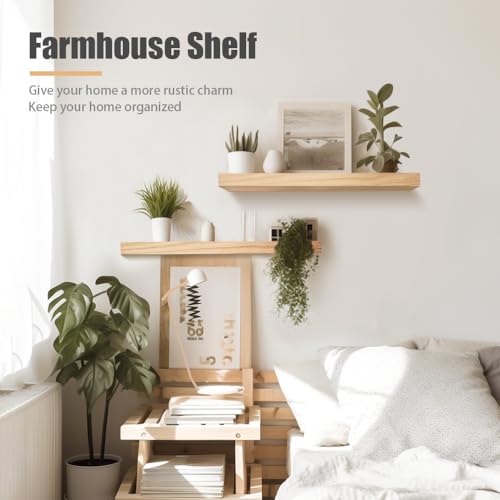 Habudda Floating Shelves, Wooden Wall Shelf for Rustic Decor, Hanging Display Shelving for Bedroom Bathroom Kitchen Living Room, Natural Wood, Invisible Bracket, 23.6"×6.7"×1.6", 2-Pack | Floating Wall Shelves, Rustic Farmhouse Hanging Display Shelf for B