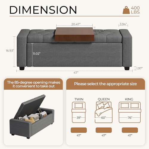 Storage Ottoman Bench with Tray,Large Entryway Ottoman with Storage, Rectangular Bench with Cushion and Safety Hinge for Living Room Bedroom - color: Darkgray With Tray