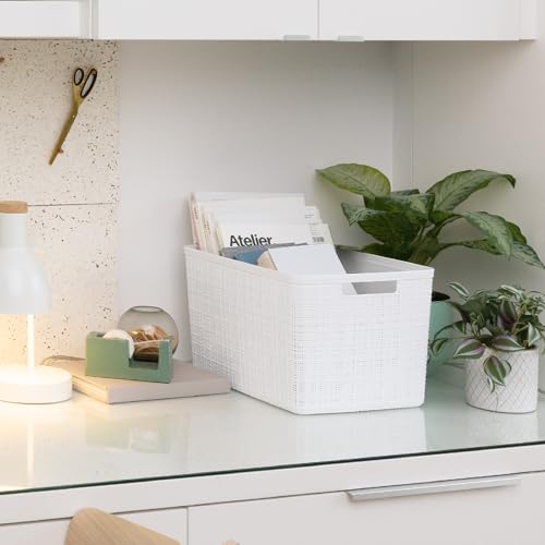 Curver Set of 4 Large 20L Jute Decorative Plastic Organization and Storage Baskets - Perfect Bins for Home Office, Closet Shelves, Kitchen Pantry and All Bedroom Essentials, White - color: White, size: Large 20L