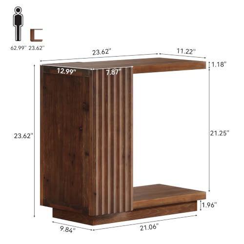 Solid Wood Side Table, C-Shaped Narrow End Table with Storage | 2-Tier Farmhouse Bedside Table with Fluted Panels, Wooden Nightstand for Bedroom, Living Room, Small Spaces, Vintage Brown - color: Vintage Brown