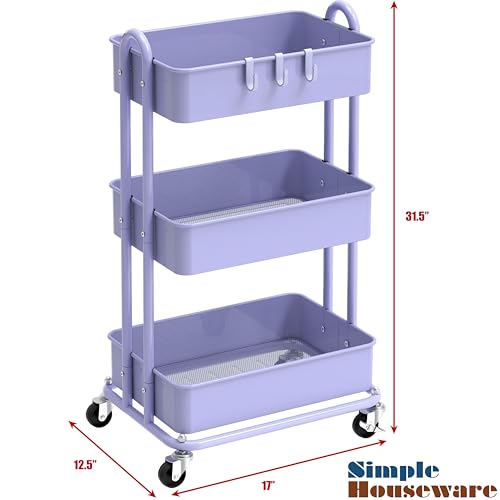 Simple Houseware 3-Tier Heavy Duty Metal Utility Rolling Cart, Purple - color: Purple