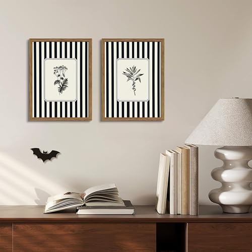 Framed Vintage Botanical Wall Art Set of 2, Black and White Striped Floral Canvas Wall Decor Paintings, Minimalist Farmhouse Wildflower Artwork Prints Pictures for Bathroom Living Room 12x16 Inch - color: Black and White Floral, size: 16"L x 12"W