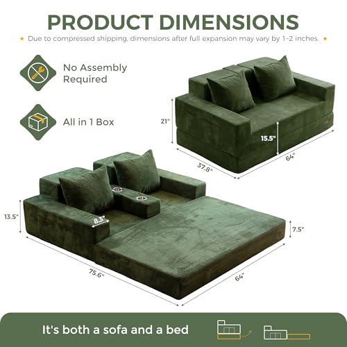 MAXYOYO Sofa Bed, 64-Inch Boneless Loveseat with 2 Cup Holders | Corded Green 4-in-1 Sofa Converts Into a Floor Couch or Recliner Chair; Sofa-in-a-Box Needs No Assembly for Living Rooms - color: Corded Green, size: Standard(64" Length)