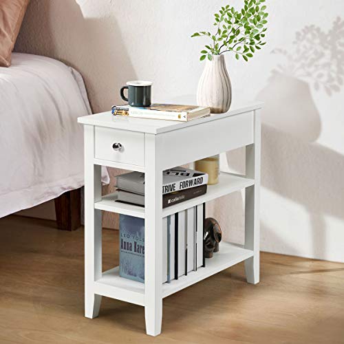 Narrow Side Table, 3-Tier Bedside Table with Drawer and Shelves, Tall Skinny Nightstand for Living Room, Bedroom, Small End Table for Small Spaces (2, White)