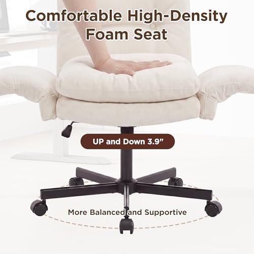 FiveWillowise Cross Legged Office Chair with Flip-up Arms&Low Back,Beige | Criss Cross Chair With Thicken Wide Seat,Lounge Makeup Vanity Chairs with Side Pockets,Comfy Home Office Desk Chair,Chenille - color: Beige