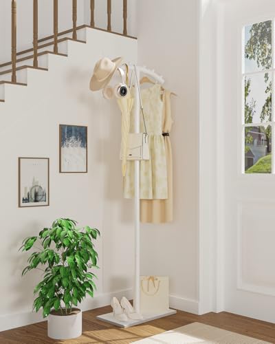 Freestanding Metal Clothes Rack with Natural Rock Base,68.9in,White | T-shaped Coat Hangers with Anti Slip Knots,Easy to Clean Garment Racks for Home,Durable Clothing Trees for Office - color: White