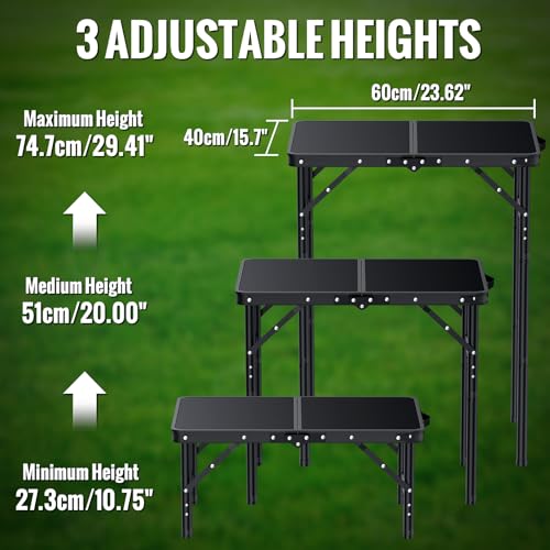 GARLLEN 2ft Folding Camping Table Max Capacity 66lbs, 3 Adjustable Height Picnic Table with MDF Tabletop, Portable Folding Tables for Camping, Travel, Picnic, BBQ, Threaded Install, 23.6" L x 15.7" W - color: Black, size: Tabletop Size: 23.6"L x 15.7"W