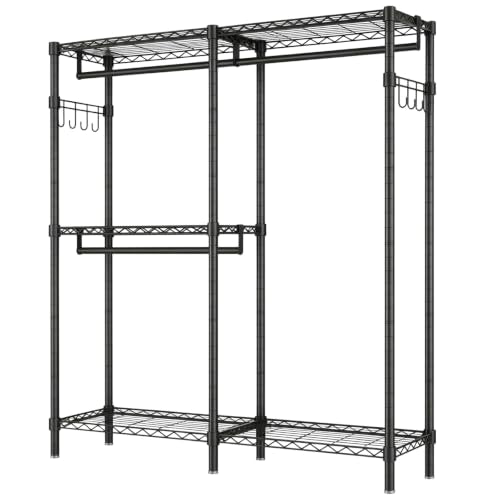 L Shaped Heavy Duty Garment Rack with Shelves, Black | Heavy Duty Clothes Rack with 3 Hanging Rods & 5 Shelves, Freestanding Adjustable Garment Rack for Bedroom - size: 58.27''W×17.13D''×76.38''H