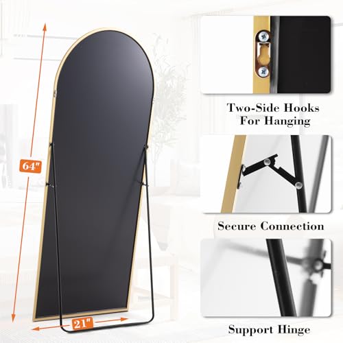 DUMOS 64"x21" Arched Full Length Mirror with Stand, Full Body Floor Mirror | Free Standing or Wall Mount, Nano Glass Aluminum Frame, Hanging or Leaning, Modern Simple Home Decor, Gold - color: Gold-arched, size: 64"L x 21"W