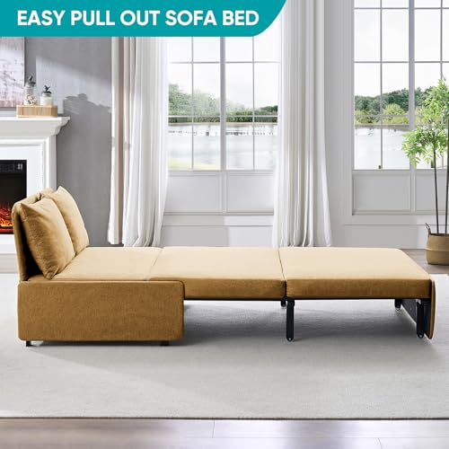 BALUS 43" W Twin Size Sleeper Couch Bed Pull Out Sofa with Pullout Beds, 2 in 1 Convertible Linen Single Sleepers Sofas Chair with Foldable Mattress and Pillows for Small Space Apartment, Yellow - color: Yellow, size: Twin
