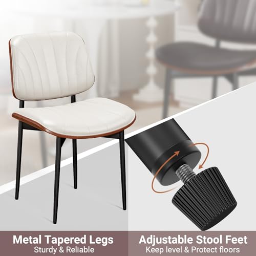 Dining Chairs Set of 2, Mid-Century Modern Upholstered PU Leather Chairs | with Walnut Bentwood Back and Metal Legs Adjustable Feet for Kitchen Dining Room, Off-White Shell Strips - color: Off-white Shell Strips