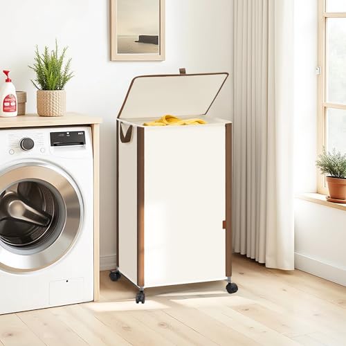 STORAGE MANIAC Rolling Laundry Hamper with Lid, 23.7 Gal (90 L) Large Tall Laundry Basket with Wheels & Handles, Aesthetic Dirty Clothes Hamper for Small Space, Dorm, Apartment, College, Beige - color: Beige