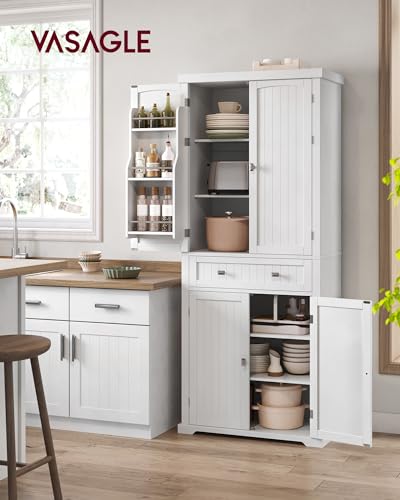 VASAGLE Pantry Cabinet, Freestanding Tall Cupboard with a Drawer | Freestanding cupboard with 2 cabinets, 4 adjustable shelves, 6 door shelves, White, UBBC561P31V2 - color: White, style: Modern