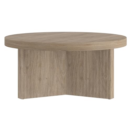 Henn&Hart 32" Scandinavian Fluted Coffee Table, Weathered Gray | Ribbed pedestal base and low profile bring Scandinavian style to small spaces including living rooms or family rooms - color: Weathered Gray, size: 32 inches