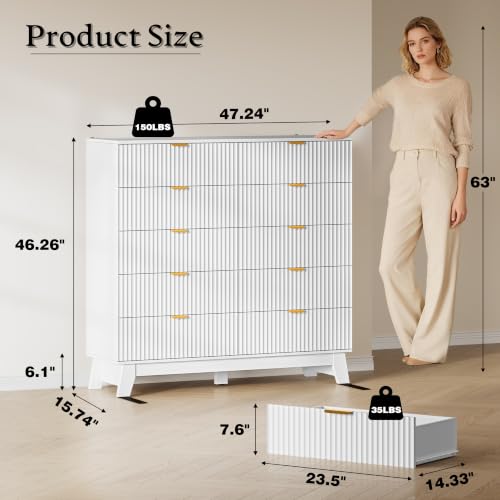 BORNOON 46" Tall Dresser for Bedroom, 10-Drawer Fluted Chest of Drawers, Modern Wood Highboy with Metal Slides and Handles, Anti-Tip Kit, Vertical Clothes Storage Organizer for Apartment, Closet - color: Pure White, size: 10 Drawers