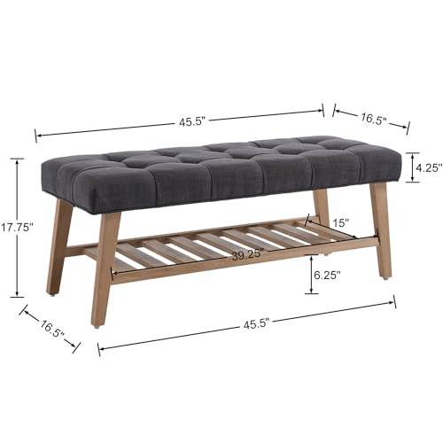 Kmax 45" Entryway Bench with Shoe Storage, Charcoal | Tufted Upholstered Design, with Shoe Storage Shelf , Sturdy Wooden Frame, linen fabric, for foyer Hallway - color: Charcoal