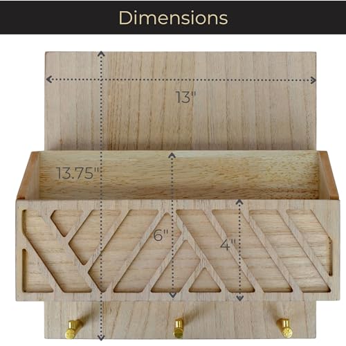 BLU MONACO Wall-Mounted Mail and Key Holder â Natural Wood 2-Tier Letter Organizer with 3 Hooks | Entryway Command Center for Mail, Keys, and Documents - color: Natural Wood