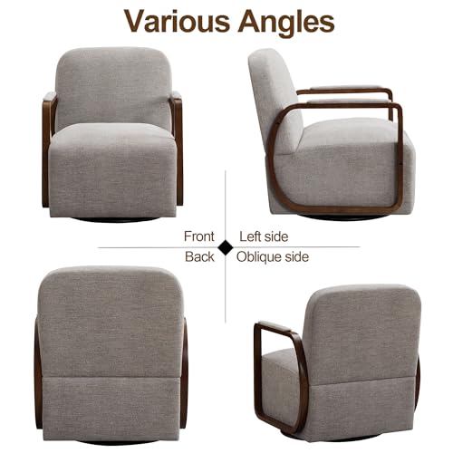 32" Chenille Upholstered Swivel Accent Chair, 360° Rotating Metal Base Modern Lounge Chair with Wooden Armrests for Living Room Bedroom, Brown - color: Brown, size: 1 Pack