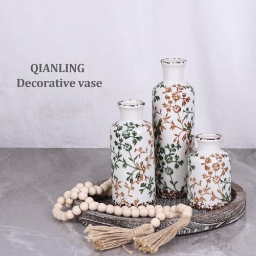 Green Ceramic Vase Set of 3 - Modern Rustic Farmhouse Decorative Vases for Dining Table, Shelf, Bedroom, Living Room, Kitchen, Office, Bathroom, Mantle, Centerpiece Décor - color: Green Floral