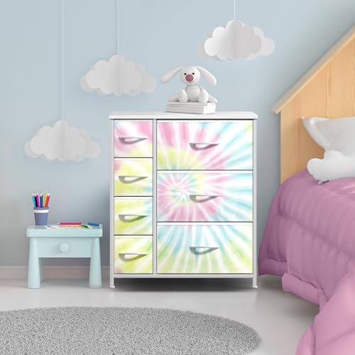 Sorbus Dresser with 7 Drawers - Furniture Storage Chest for Kid’s, Teens, Bedroom, Nursery, Playroom, Clothes, Toys - Steel Frame, Wood Top, Tie-dye Fabric Bins (7-Drawer, Tie-Dye) - color: Light Tie-dye