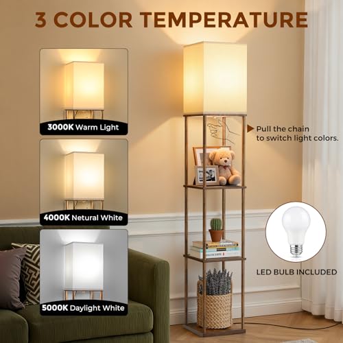 Floor Lamp with Shelves, 3-Tier Square Bookshelf Standing Lamp Rustic Brown | 3 Color Temperature Bulb Included, Modern Pull Chain Tall Lamp for Living Room Bedroom Corner Office Apartment Decor - color: Rustic Brown